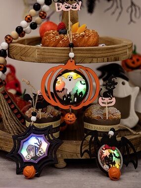 Halloween LED Lighted Wooden Hanging Decorative Ornaments Set
